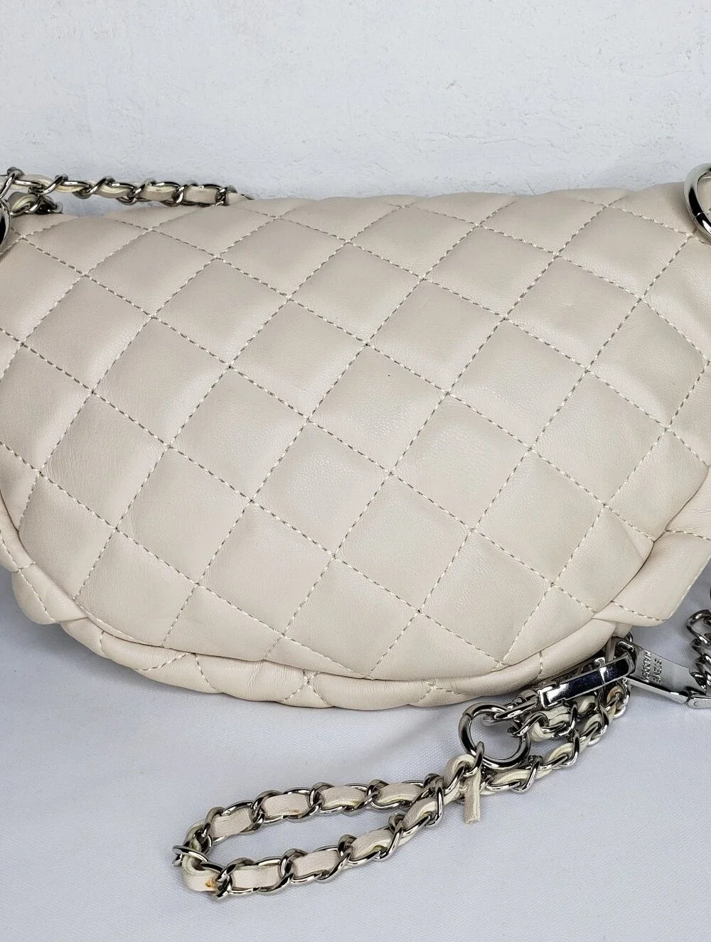 Steve Madden Quilted Cream Crossbody Belt Bag with Silver Chain
